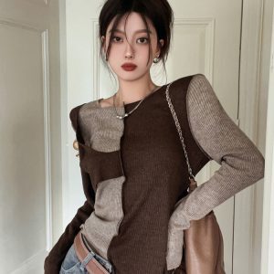 Color-Blocked Short Top for Women - European Wasteland Style, Y2K Aesthetic, K-Pop Festival Outfit, Jazz Knitted Layer