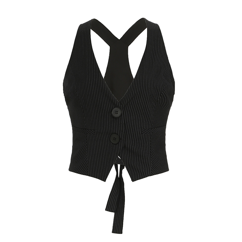 Color-Blocked Striped Deep V-Neck Suit Vest with Hollow Back and Sexy Slit - 90s Inspired Hot Girl Style Top