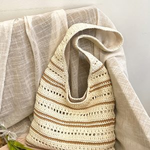 Color-Blocking Handmade Woven Straw Tote Bag for Women - Large Capacity Shoulder Bag for Summer Beach Vacation and Commuting