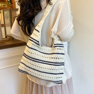 Color-Blocking Handmade Woven Straw Tote Bag for Women - Large Capacity Shoulder Bag for Summer Beach Vacation and Commuting