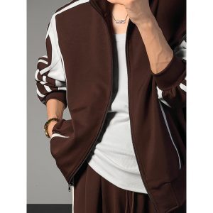Color-Blocking Minimalist Dragon Dada Sports Set with Stand Collar Zipper Jacket and Loose Draping Wide-Leg Pants for Trendy Style