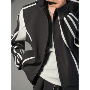 Color-Blocking Minimalist Dragon Dada Sports Set with Stand Collar Zipper Jacket and Loose Draping Wide-Leg Pants for Trendy Style