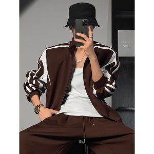 Color-Blocking Minimalist Dragon Dada Sports Set with Stand Collar Zipper Jacket and Loose Draping Wide-Leg Pants for Trendy Style