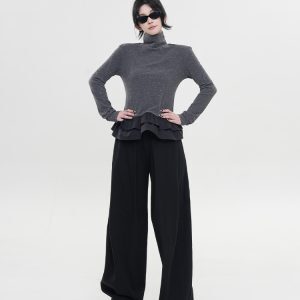 Color-Blocking Sequin High-Neck Long Sleeve T-Shirt for Women - Korean Style, Versatile Slim-Fit Base Layer Top for Autumn & Winter