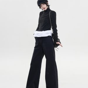 Color-Blocking Sequin High-Neck Long Sleeve T-Shirt for Women - Korean Style, Versatile Slim-Fit Base Layer Top for Autumn & Winter