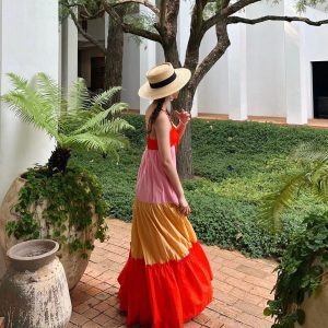 Color-Blocking Spaghetti Strap Dress with Cake Skirt - Bali Thailand Seaside Beach Vacation Outfit for Women