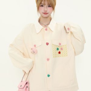Colorful Button Lace Splicing Lapel Jacket - Women's Spring Loose Denim Coat, Sweet Dopamine Style, Trendy Casual Look