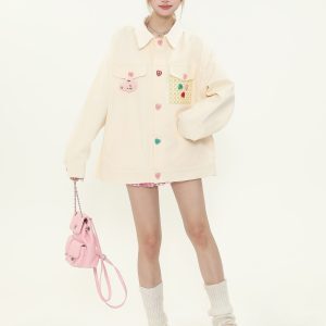 Colorful Button Lace Splicing Lapel Jacket - Women's Spring Loose Denim Coat, Sweet Dopamine Style, Trendy Casual Look