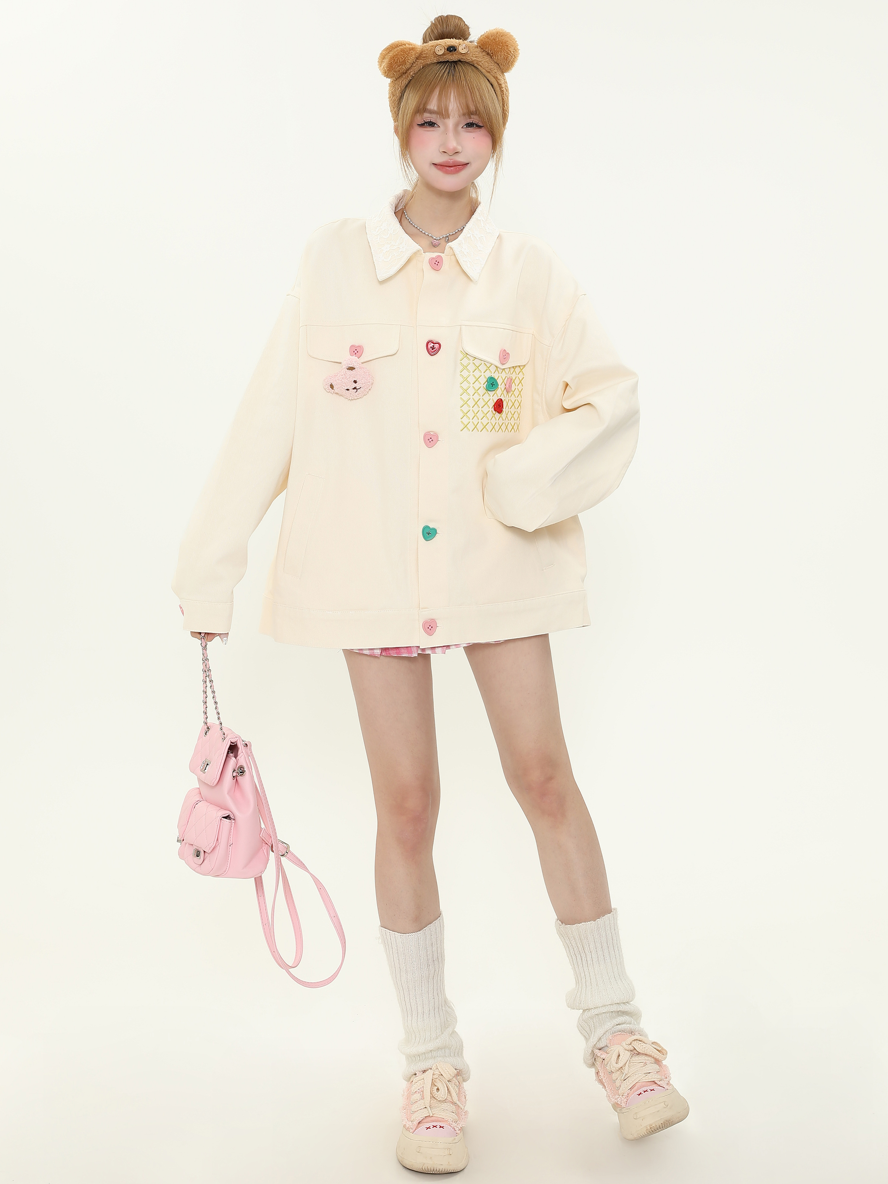 Colorful Button Lace Splicing Lapel Jacket - Women's Spring Loose Denim Coat, Sweet Dopamine Style, Trendy Casual Look