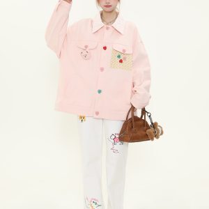 Colorful Button Lace Splicing Lapel Jacket - Women's Spring Loose Denim Coat, Sweet Dopamine Style, Trendy Casual Look