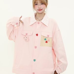 Colorful Button Lace Splicing Lapel Jacket - Women's Spring Loose Denim Coat, Sweet Dopamine Style, Trendy Casual Look