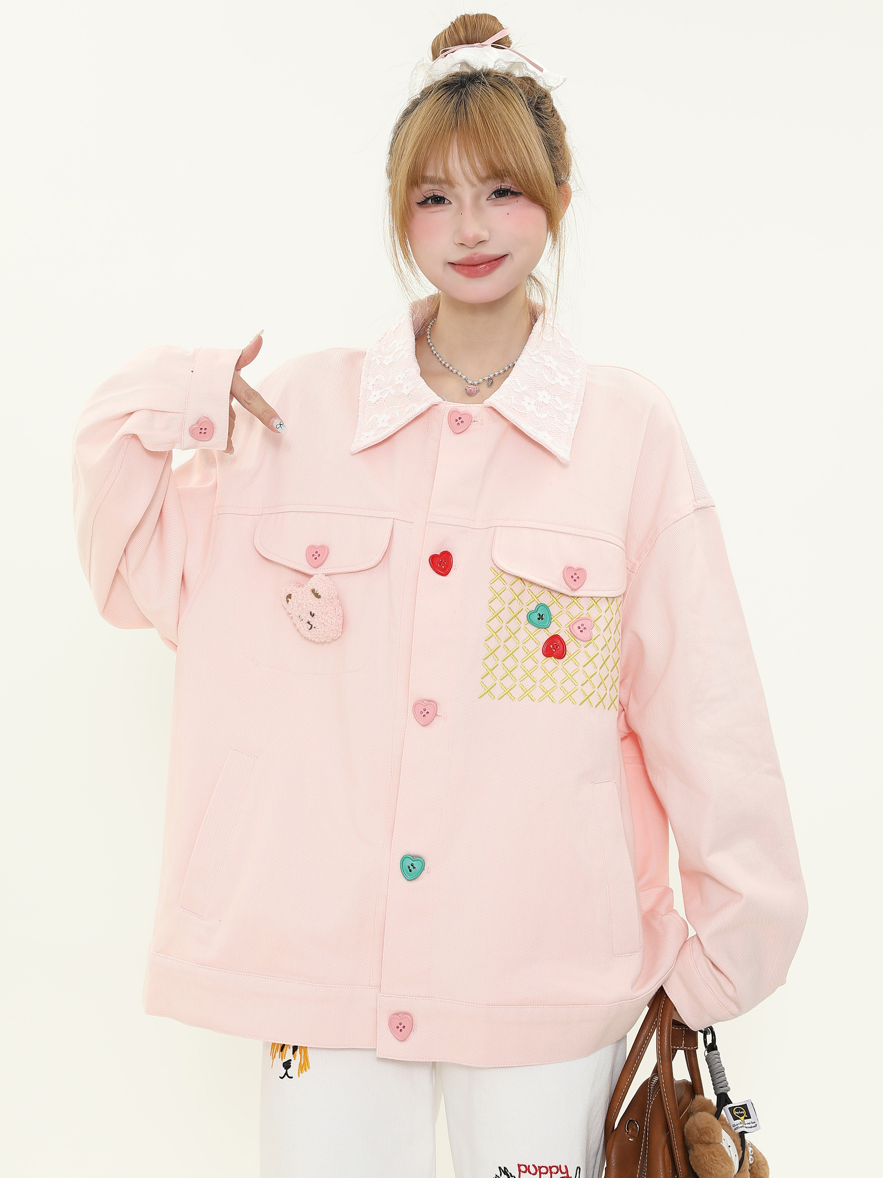 Colorful Button Lace Splicing Lapel Jacket - Women's Spring Loose Denim Coat, Sweet Dopamine Style, Trendy Casual Look