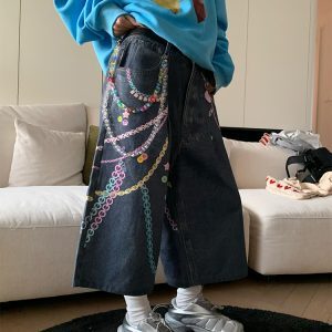 Colorful Chain Print Denim Capris for Spring/Summer - Unisex Wide-Leg Casual Shorts, American Vintage Style
