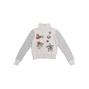 Colorful Embroidered Knitted Cardigan Zip-Up Jacket - White Sweater, Cozy Artist Design, Y2K Fashion, Perfect Layering Piece