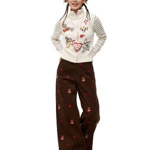 Colorful Embroidered Knitted Cardigan Zip-Up Jacket - White Sweater, Cozy Artist Design, Y2K Fashion, Perfect Layering Piece