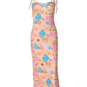 Colorful Floral Spaghetti Strap Dress for Women, Adjustable High Waist, Slim Fit, Knee-Length Summer Fashion, Y2K Style