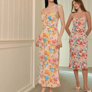 Colorful Floral Spaghetti Strap Dress for Women, Adjustable High Waist, Slim Fit, Knee-Length Summer Fashion, Y2K Style