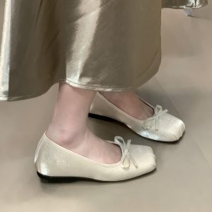 Comfortable Bow Square Toe Flats for Women - Summer 2025 Hidden Height Mary Jane Shoes in Ocean Color, Shallow Mouth Design