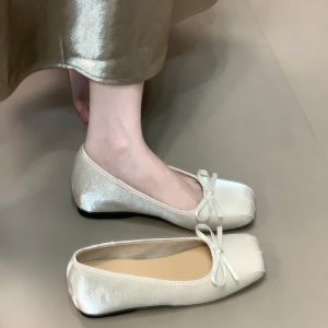 Comfortable Bow Square Toe Flats for Women - Summer 2025 Hidden Height Mary Jane Shoes in Ocean Color, Shallow Mouth Design
