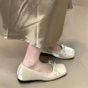 Comfortable Bow Square Toe Flats for Women - Summer 2025 Hidden Height Mary Jane Shoes in Ocean Color, Shallow Mouth Design