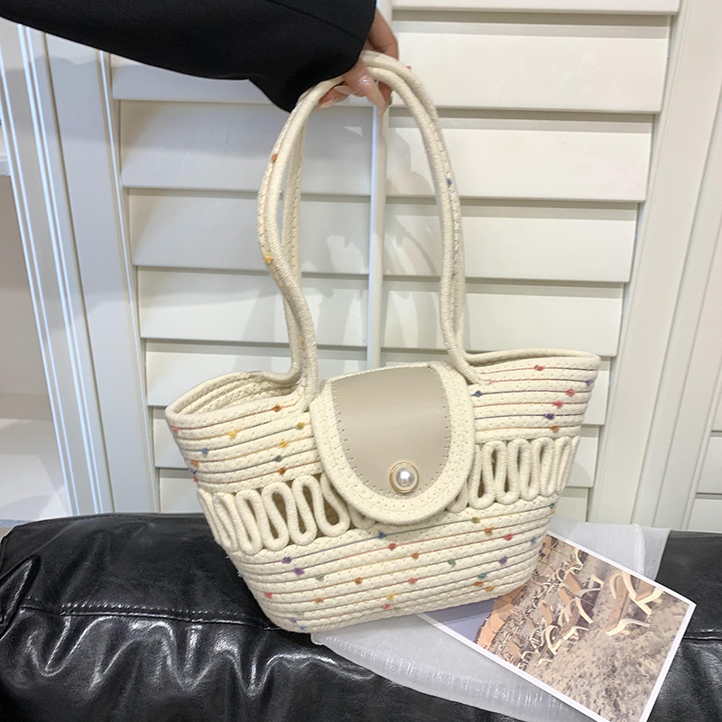 Countryside Pearl Button Woven Handbag - 2025 Seaside Vacation Shoulder Bag, Forest Style Vegetable Basket Tote