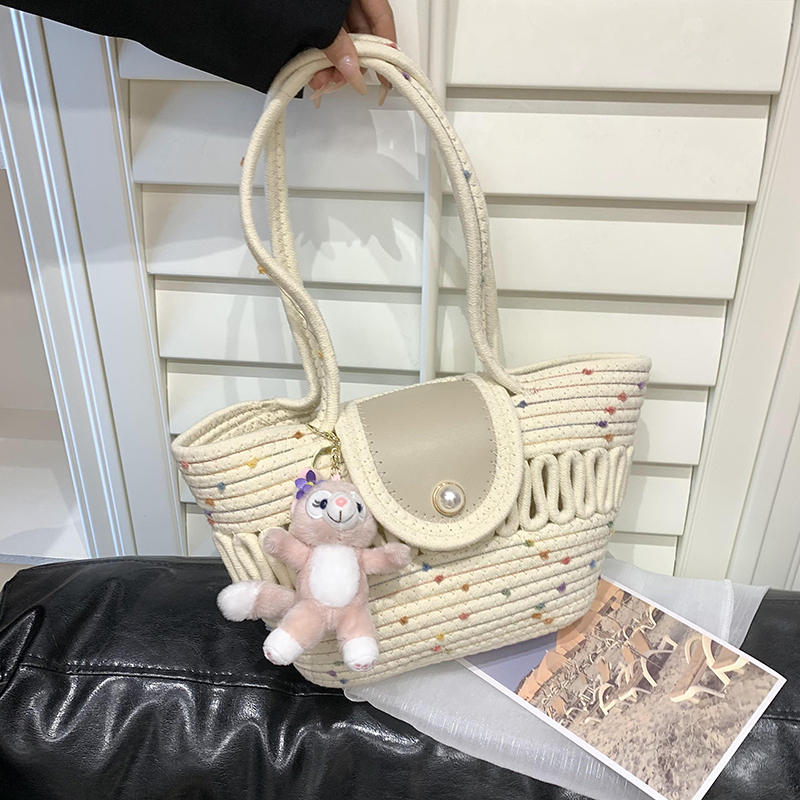 Countryside Pearl Button Woven Handbag - 2025 Seaside Vacation Shoulder Bag, Forest Style Vegetable Basket Tote