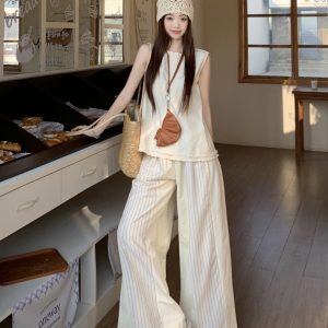 Cream Cotton Lace Trim Sleeveless Top with Plaid Pants - Stylish Early Summer Vacation Outfit for Women
