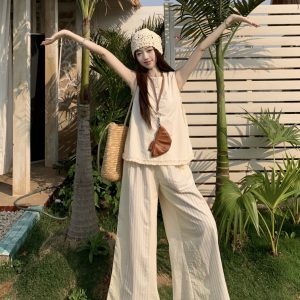 Cream Cotton Lace Trim Sleeveless Top with Plaid Pants - Stylish Early Summer Vacation Outfit for Women