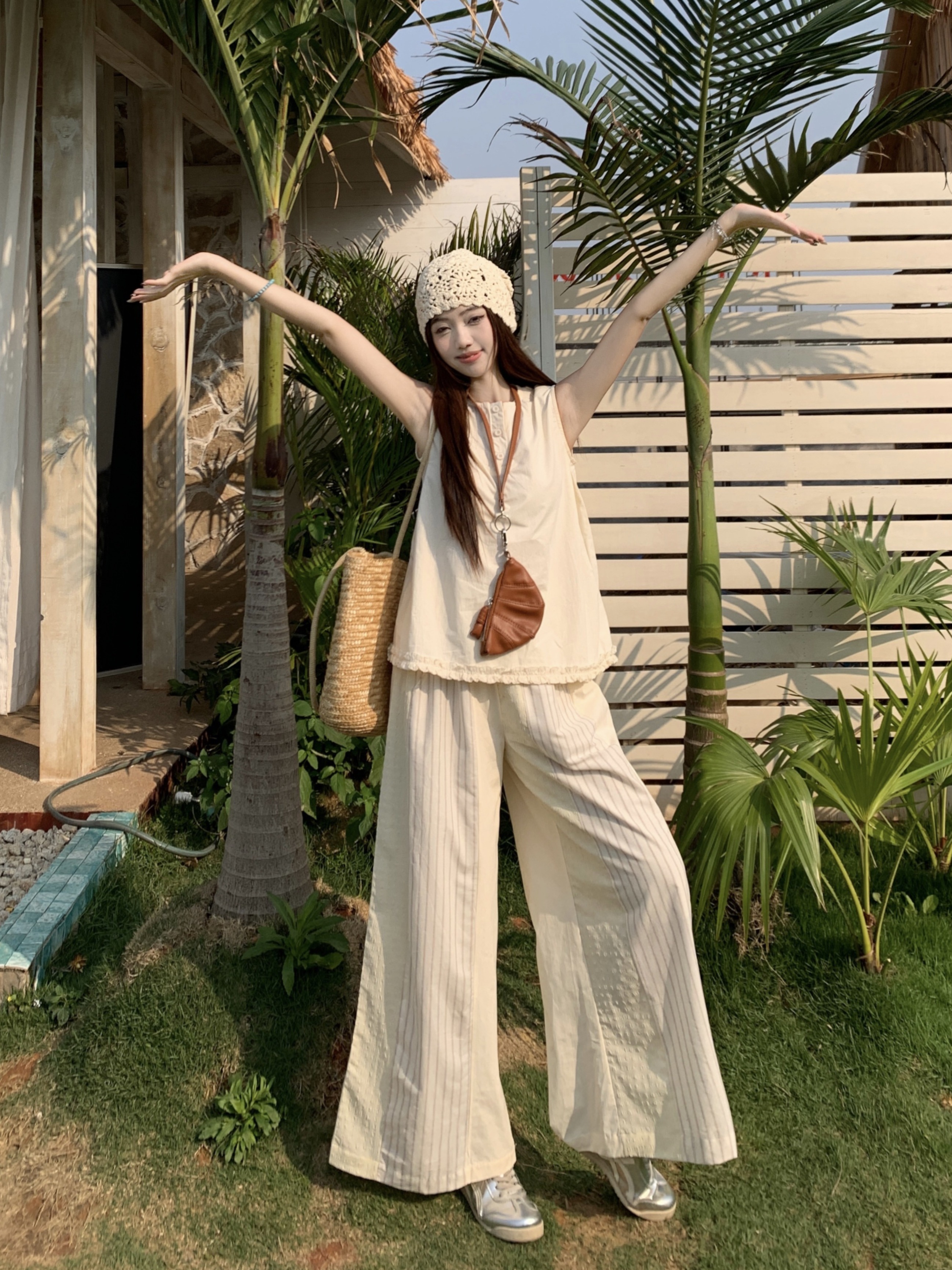 Cream Cotton Lace Trim Sleeveless Top with Plaid Pants - Stylish Early Summer Vacation Outfit for Women