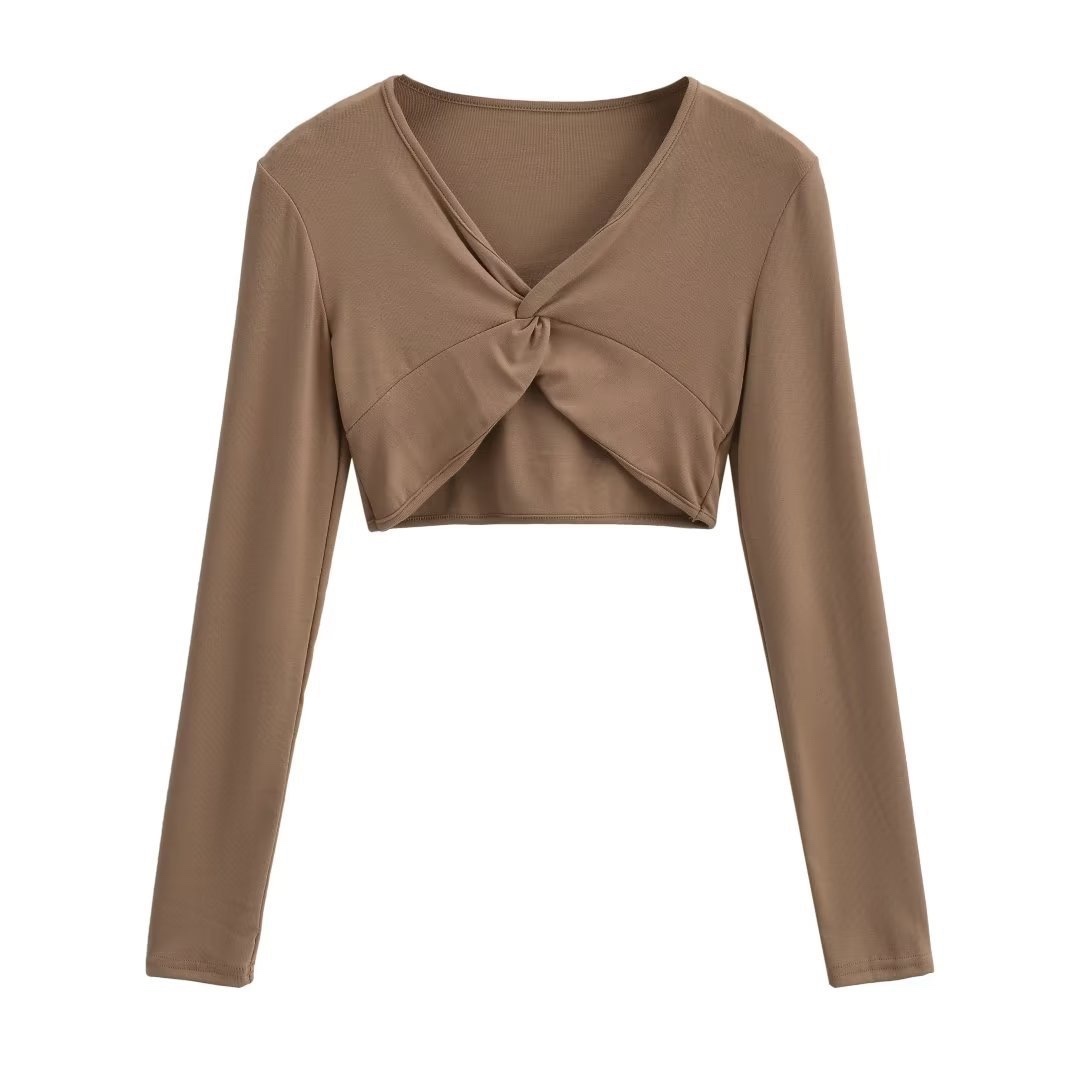 Cropped Brown Tie-Up Fitted Long Sleeve T-Shirt for Women - Jazz Dance Instagram Style, Sexy Y2K Fashion Top