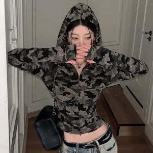 Cropped Hooded Long Sleeve Top for Girls - American Style Motorcycle Camouflage Jazz Dance Fashion
