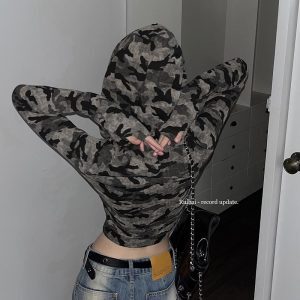 Cropped Hooded Long Sleeve Top for Girls - American Style Motorcycle Camouflage Jazz Dance Fashion