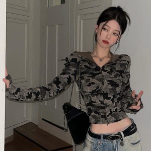Cropped Hooded Long Sleeve Top for Girls - American Style Motorcycle Camouflage Jazz Dance Fashion