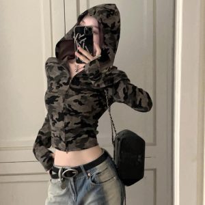 Cropped Hooded Long Sleeve Top for Girls - American Style Motorcycle Camouflage Jazz Dance Fashion
