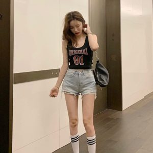 Cropped Sleeveless Jazz Dance Top with Midriff-Baring Design and Letter 