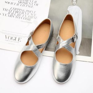 Cross Strap Flat Ballet Shoes for Women - Round Toe Silver French Style, Versatile for Skirts, Y2K Chic