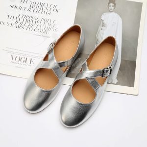 Cross Strap Flat Ballet Shoes for Women - Round Toe Silver French Style, Versatile for Skirts, Y2K Chic