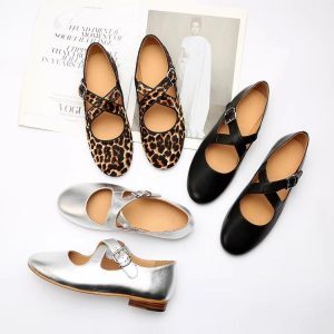 Cross Strap Flat Ballet Shoes for Women - Round Toe Silver French Style, Versatile for Skirts, Y2K Chic