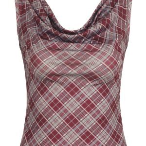 Cuffed One-Shoulder Red Plaid T-Shirt for Women - Vintage American Style, Raglan Sleeves, Slim Fit, Short Top, Y2K Fashion