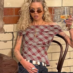 Cuffed One-Shoulder Red Plaid T-Shirt for Women - Vintage American Style, Raglan Sleeves, Slim Fit, Short Top, Y2K Fashion