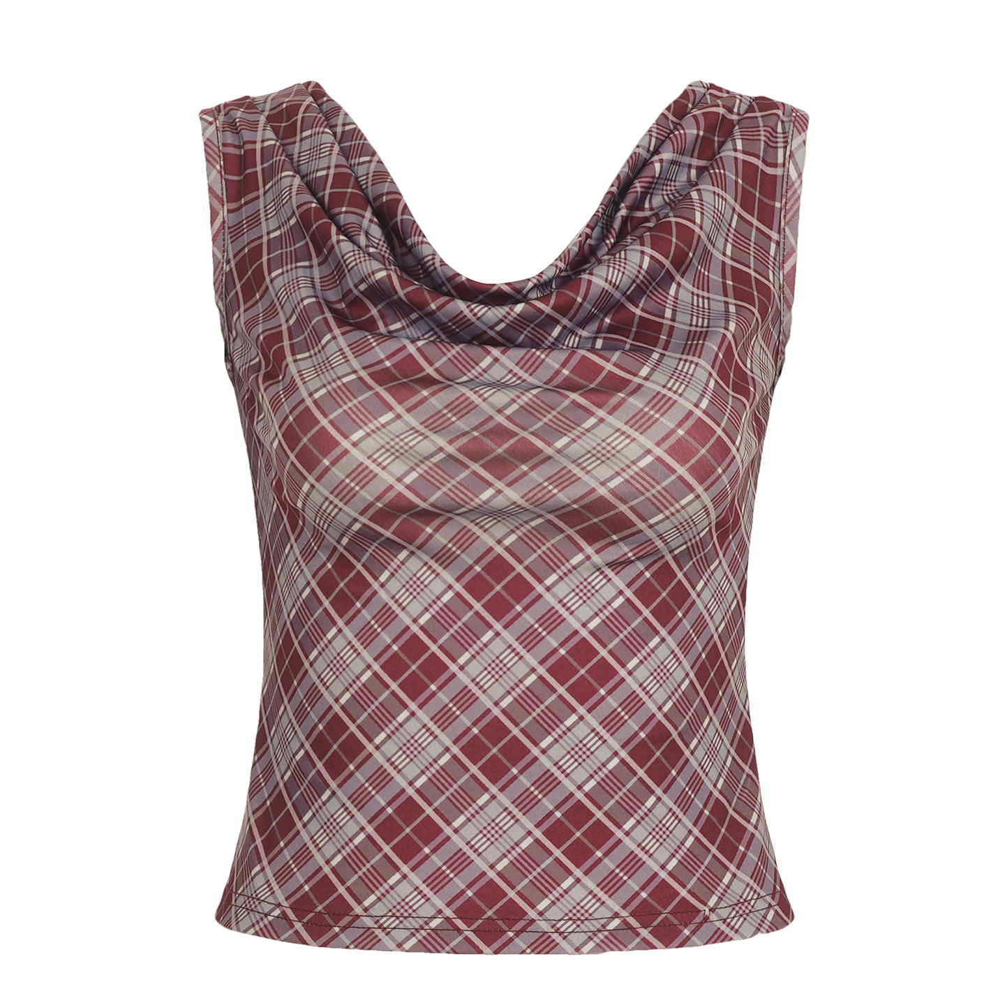 Cuffed One-Shoulder Red Plaid T-Shirt for Women - Vintage American Style, Raglan Sleeves, Slim Fit, Short Top, Y2K Fashion