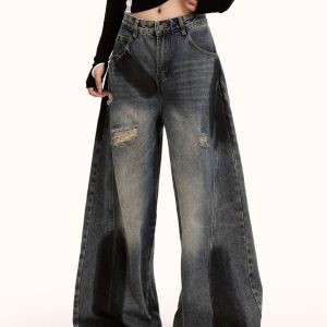 Curved Knife Graffiti Jeans for Men and Women - Retro Washed Loose High Street Drape Pants, American Style Fashion