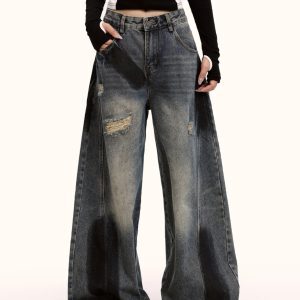 Curved Knife Graffiti Jeans for Men and Women - Retro Washed Loose High Street Drape Pants, American Style Fashion