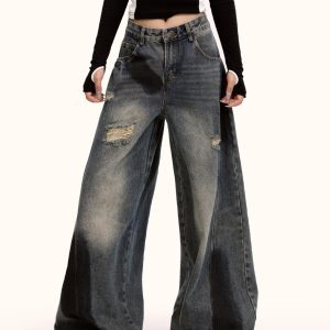 Curved Knife Graffiti Jeans for Men and Women - Retro Washed Loose High Street Drape Pants, American Style Fashion