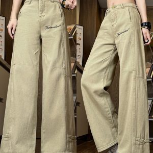 Curved Knife Jeans for Women, 2025 Vintage Khaki Loose Wide-Leg Pants, Casual Floor-Length Straight Leg Trousers, Y2K Style