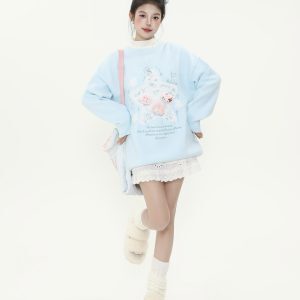 Cute Age-Reducing Star Jacquard Milk Blue Sweater for Women, Loose Lazy Style Knitted Top, Sweet Girl Autumn Winter Fashion