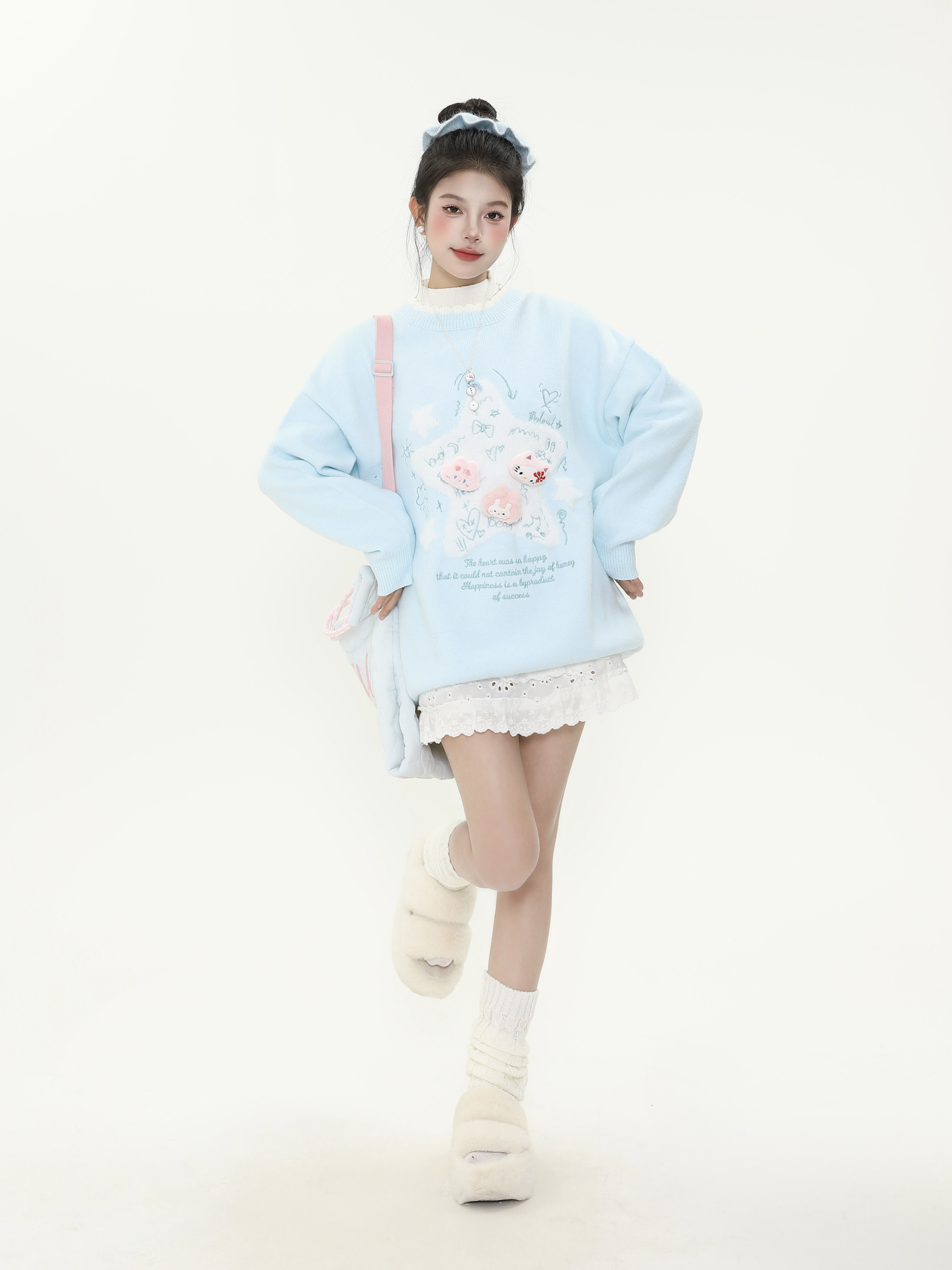 Cute Age-Reducing Star Jacquard Milk Blue Sweater for Women, Loose Lazy Style Knitted Top, Sweet Girl Autumn Winter Fashion