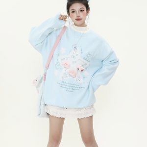 Cute Age-Reducing Star Jacquard Milk Blue Sweater for Women, Loose Lazy Style Knitted Top, Sweet Girl Autumn Winter Fashion