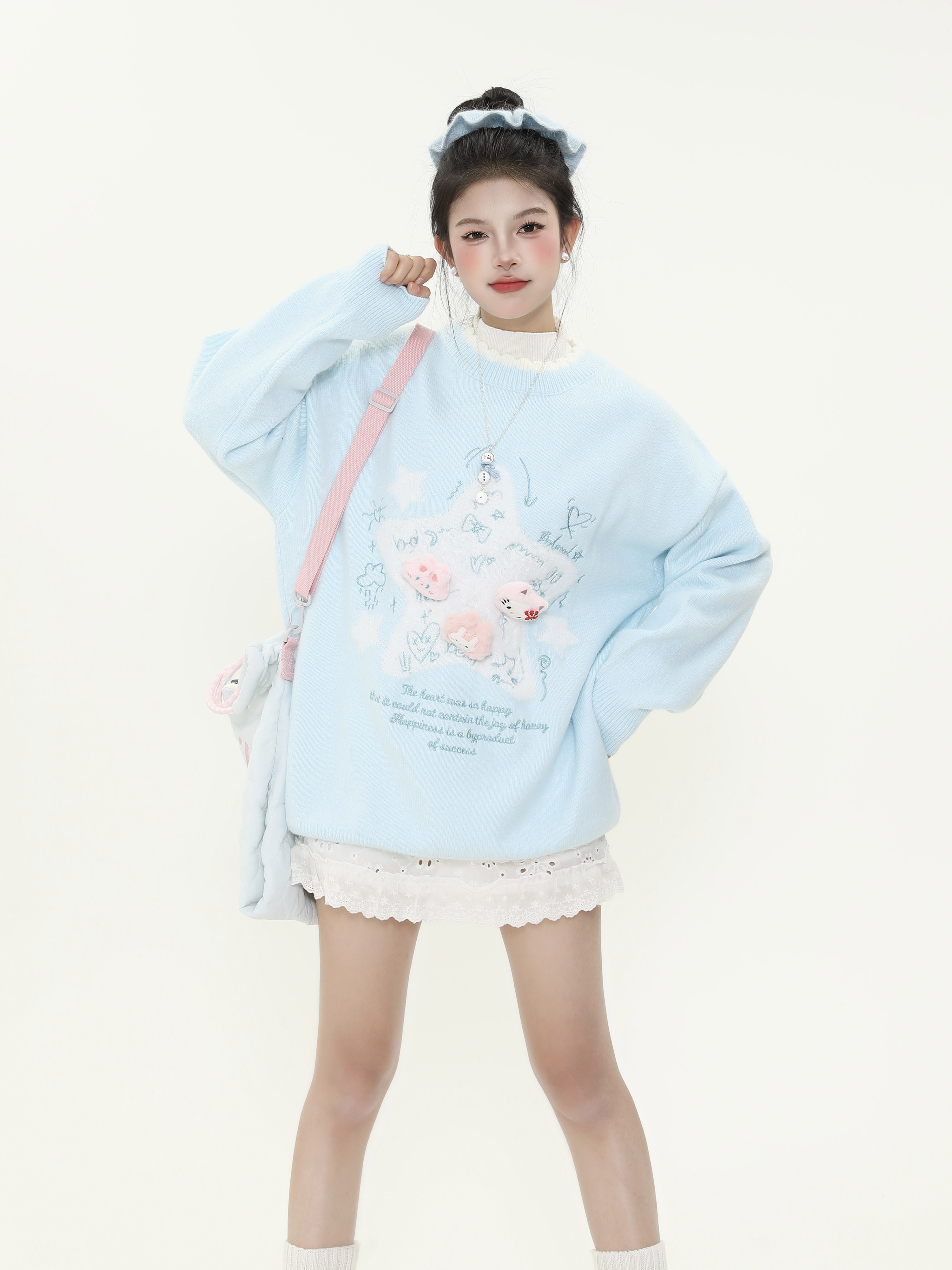 Cute Age-Reducing Star Jacquard Milk Blue Sweater for Women, Loose Lazy Style Knitted Top, Sweet Girl Autumn Winter Fashion