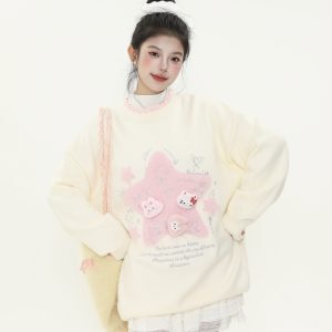 Cute Age-Reducing Star Jacquard Milk Blue Sweater for Women, Loose Lazy Style Knitted Top, Sweet Girl Autumn Winter Fashion